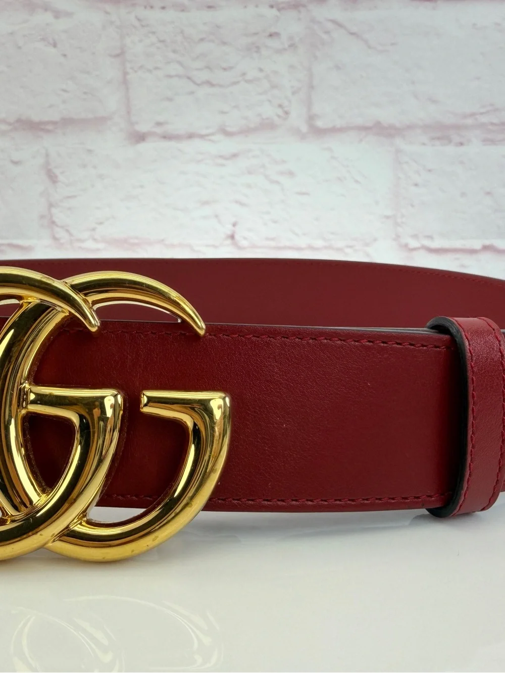 Authentic Gucci GG Marmont Wide Red Leather Belt Gold Buckle 406831 75/30